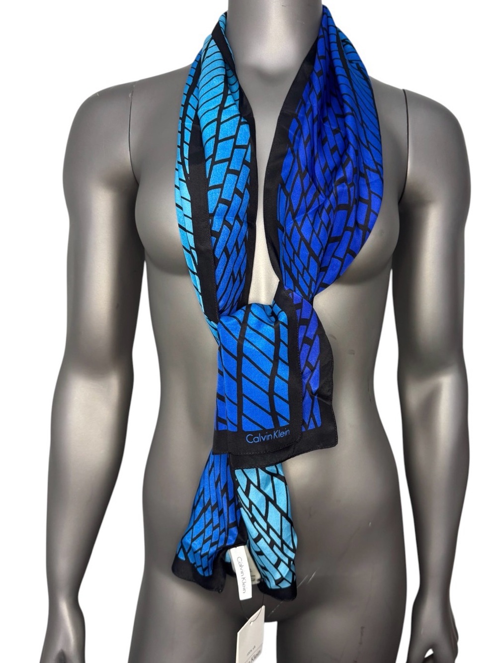 Calvin Klein Women’s Silk Scarf Blue Hombre Gradient 59”x11” Rectangle Geometric